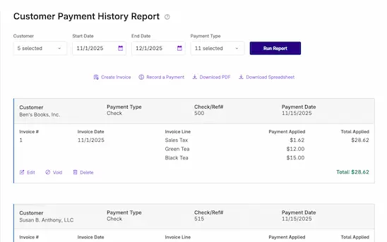 Screenshot of Patriot Software Customer Payment History