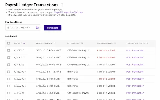 Screenshot of Patriot Software Payroll Ledger Transactions